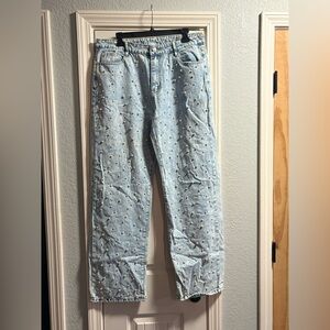 Pearl Stud Wide Leg Jeans Light Wash XL Women's